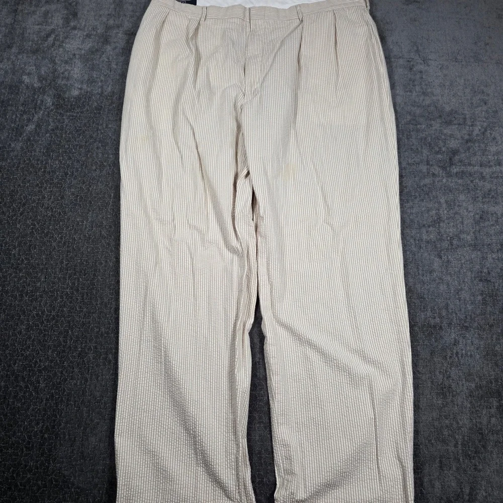 Polo Ralph Lauren Mens 40x31 Seersucker Pleated Pants Tan White Striped Cotton